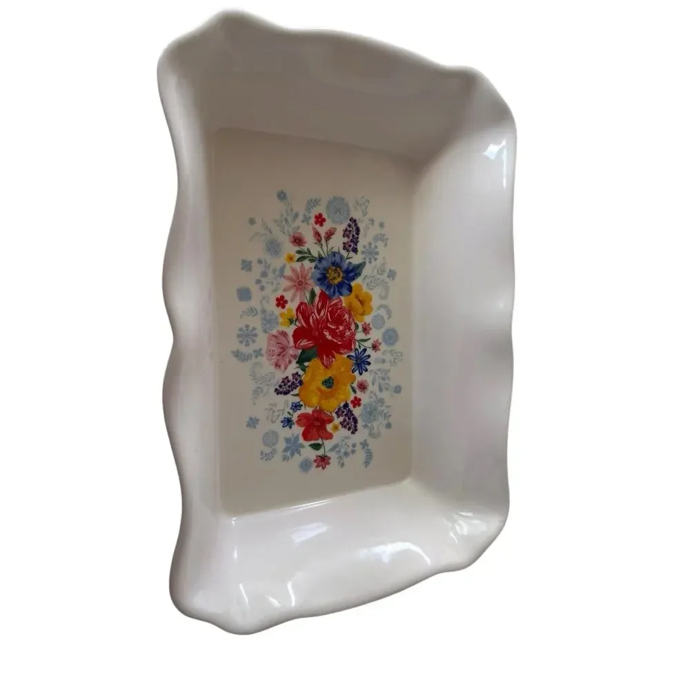 The Pioneer Woman Floral 9x13 Ceramic Rectangular Baking Dish White, DW/MC Safe